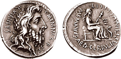 Roman denarius of C. Memmius, 56 BCE, obverse a laureate bearded head of Quirinus (identified with Romulus)
