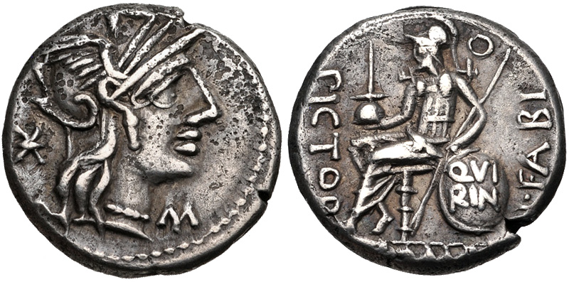 Roman silver denarius, 126 BCE, showing the flamen Quirinalis seated holding apex and spear, with a shield inscribed QVIRIN — the priesthood of Quirinus