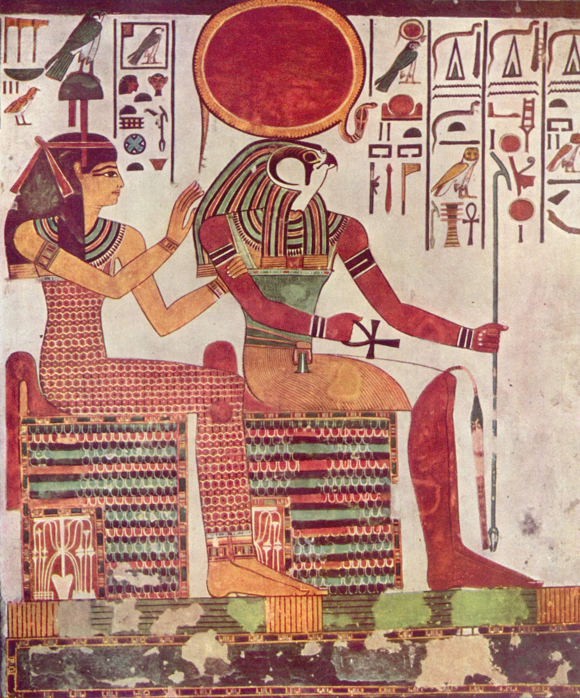 Re-Harakhty and the goddess Amentit, wall painting from the tomb of Nefertari (QV66), c. 1298–1235 BCE