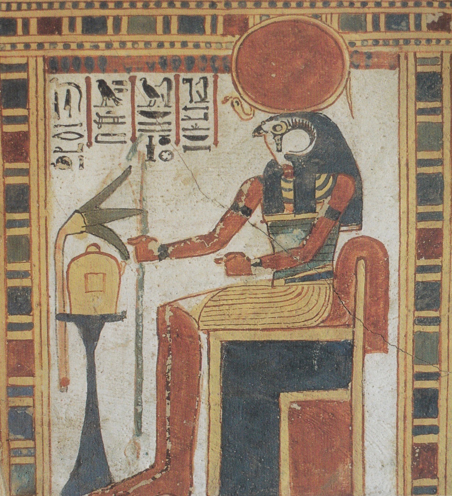 Wall painting of the falcon-headed sun god Ra enthroned, from the Tomb of Roy, c. 1300 BCE