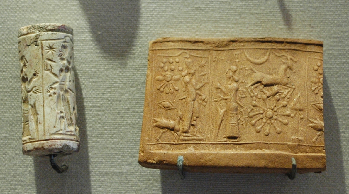 Limestone cylinder seal depicting the worship of the sun god Shamash, Mesopotamia, Louvre