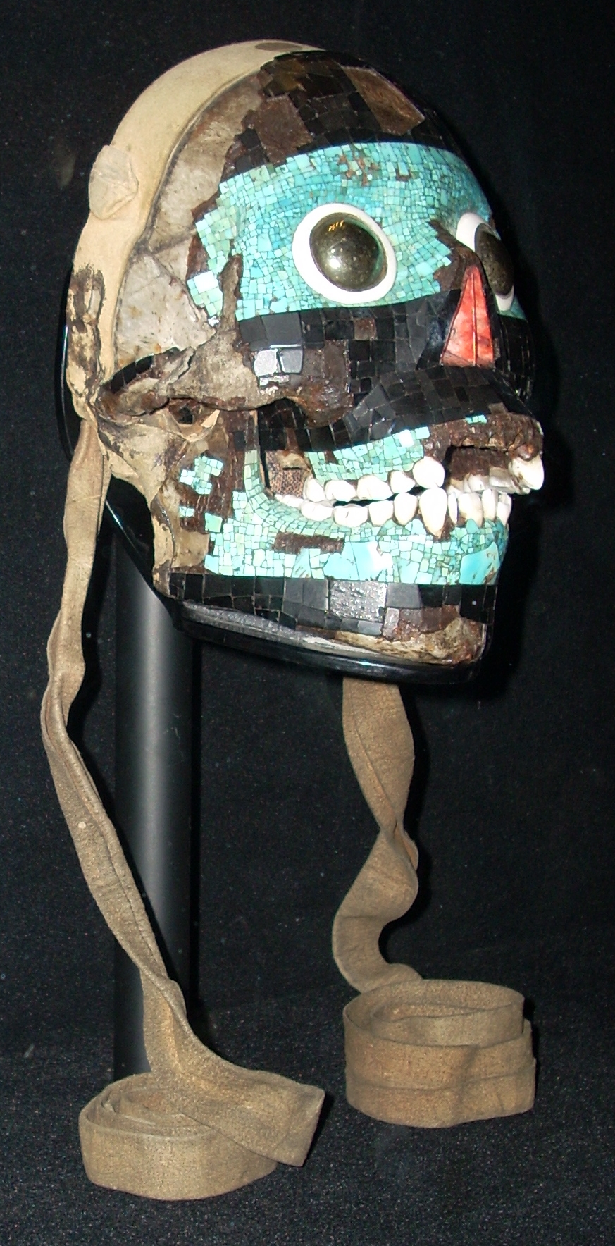 Turquoise mosaic mask over a human skull, linked to Tezcatlipoca, British Museum