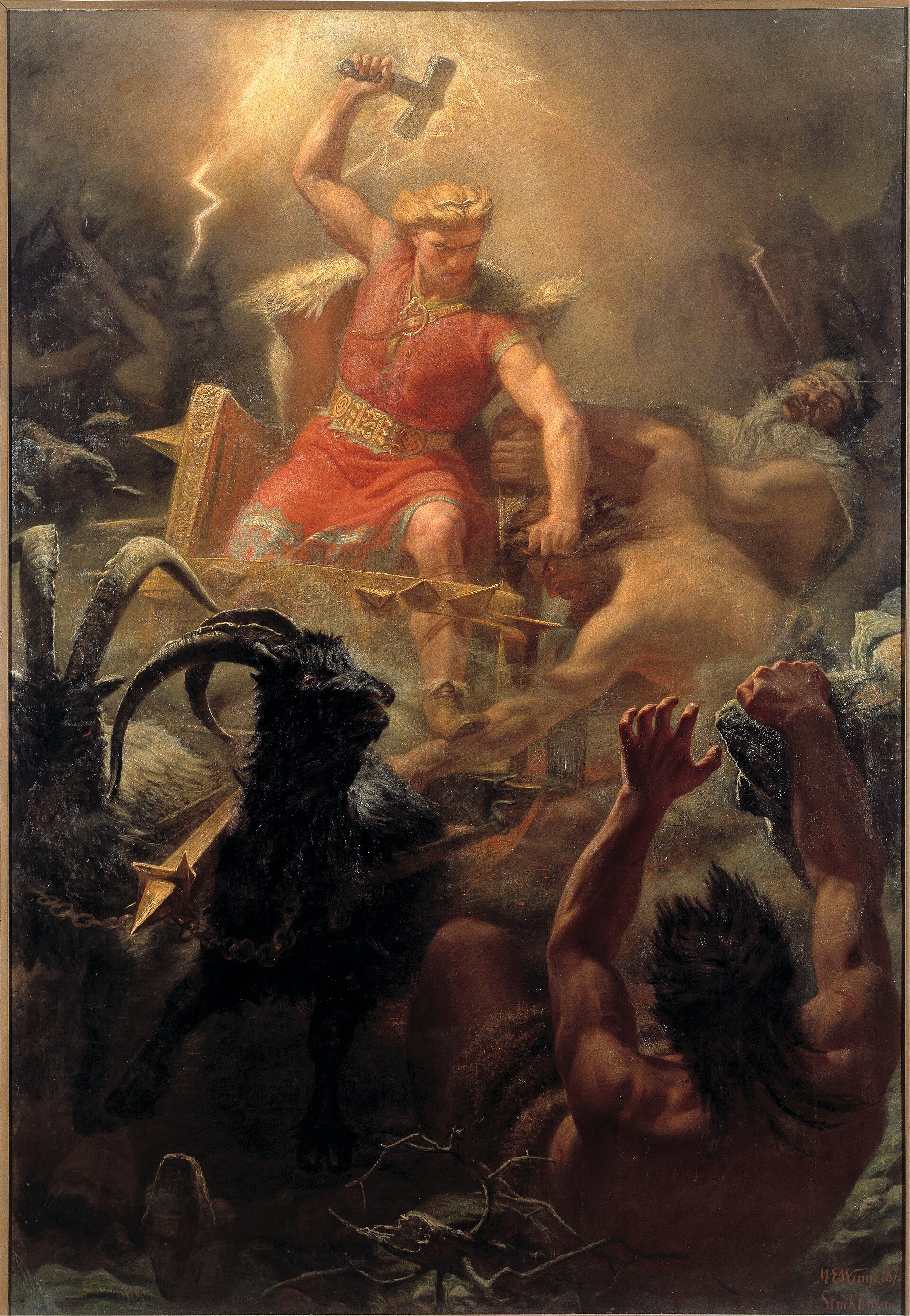 Mårten Eskil Winge's 1872 painting 'Thor's Fight with the Giants': a red-bearded Thor in a goat-drawn chariot hurls his hammer through storm clouds