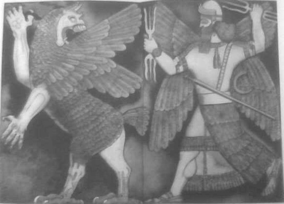 Engraving of Marduk slaying Tiamat, the dragon of primeval chaos, from Sacred Books of the East: Babylonia and Assyria, 1907.