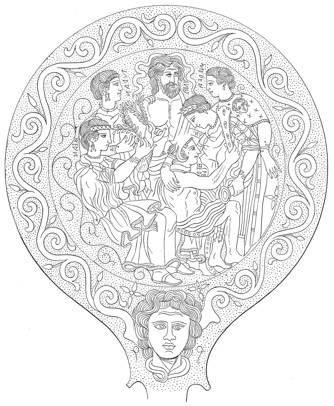 Engraved Etruscan bronze mirror depicting Tinia with Uni, Hercle, Menrva, Turan and Mean