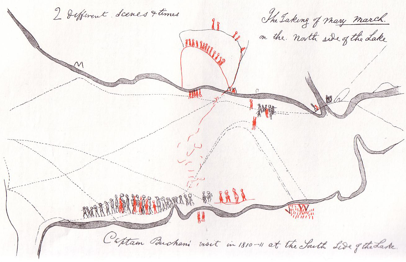 Sketch by Shanawdithit (last known Beothuk) depicting the 1819 capture of Demasduit by British soldiers