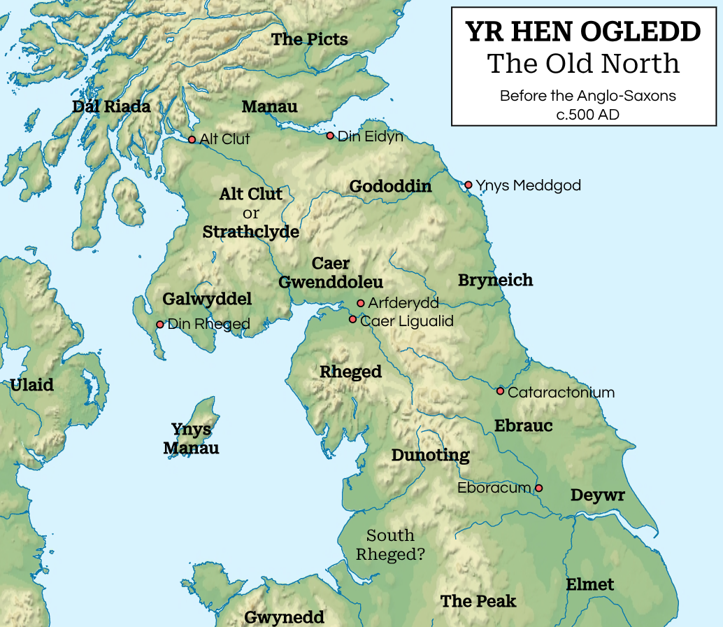 Map of the Hen Ogledd, the Brittonic-speaking kingdoms of northern Britain where Cumbric was spoken