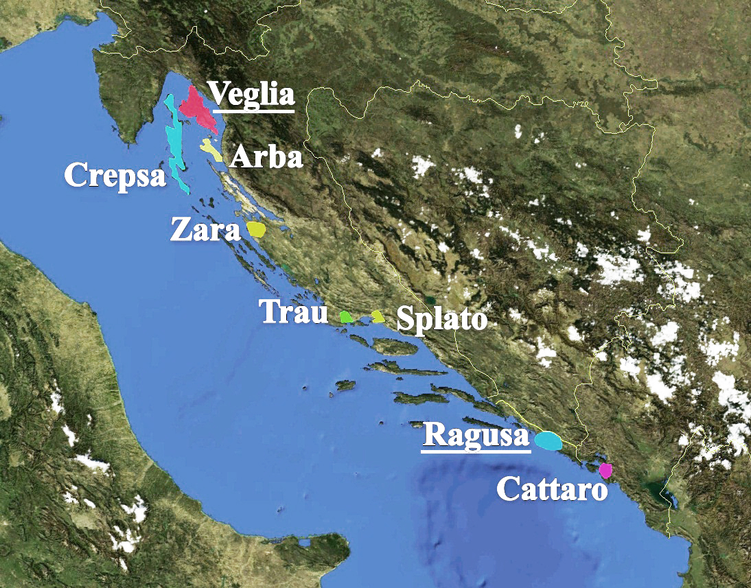 A map of where Dalmatian was spoken along the Adriatic coast