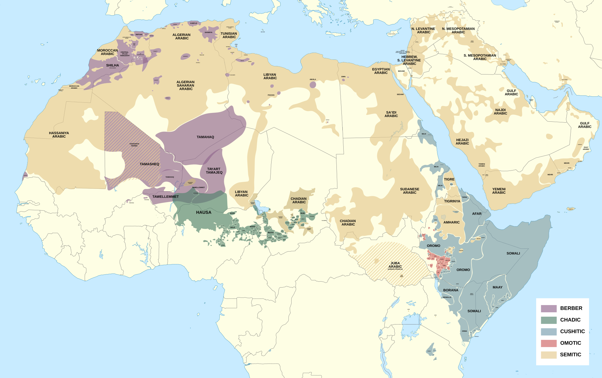 Map of the Afroasiatic languages, showing the South Cushitic family of central Tanzania where Kw'adza was spoken