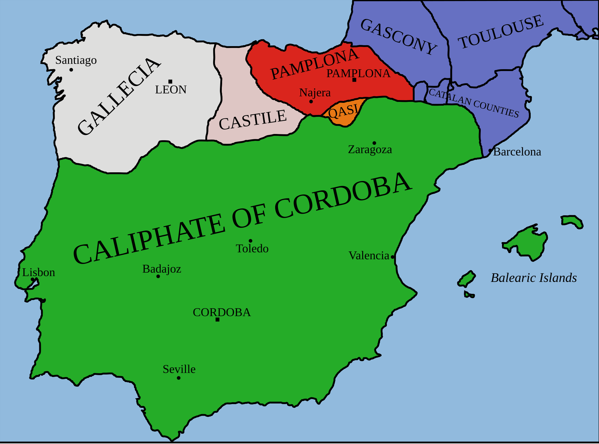 Map of the Iberian Peninsula around 1000 CE, with Muslim al-Andalus to the south and the Christian kingdoms to the north