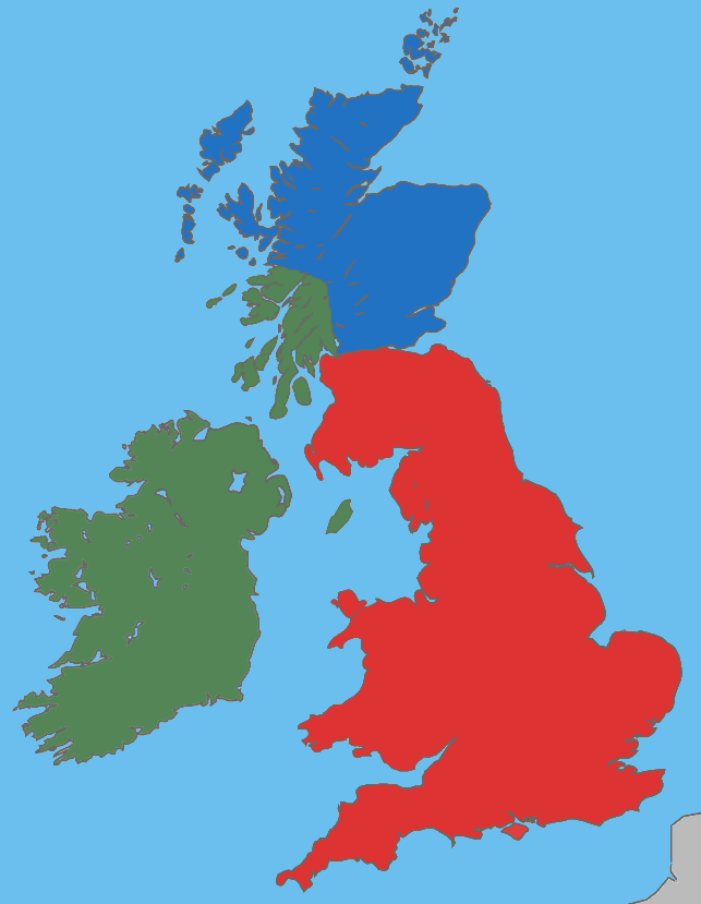 Map showing the approximate areas where Gaelic (green), Brythonic (red), and Pictish (blue) were spoken in Britain around 450-500 CE, with Pictish marked as linguistically distinct from its neighbours