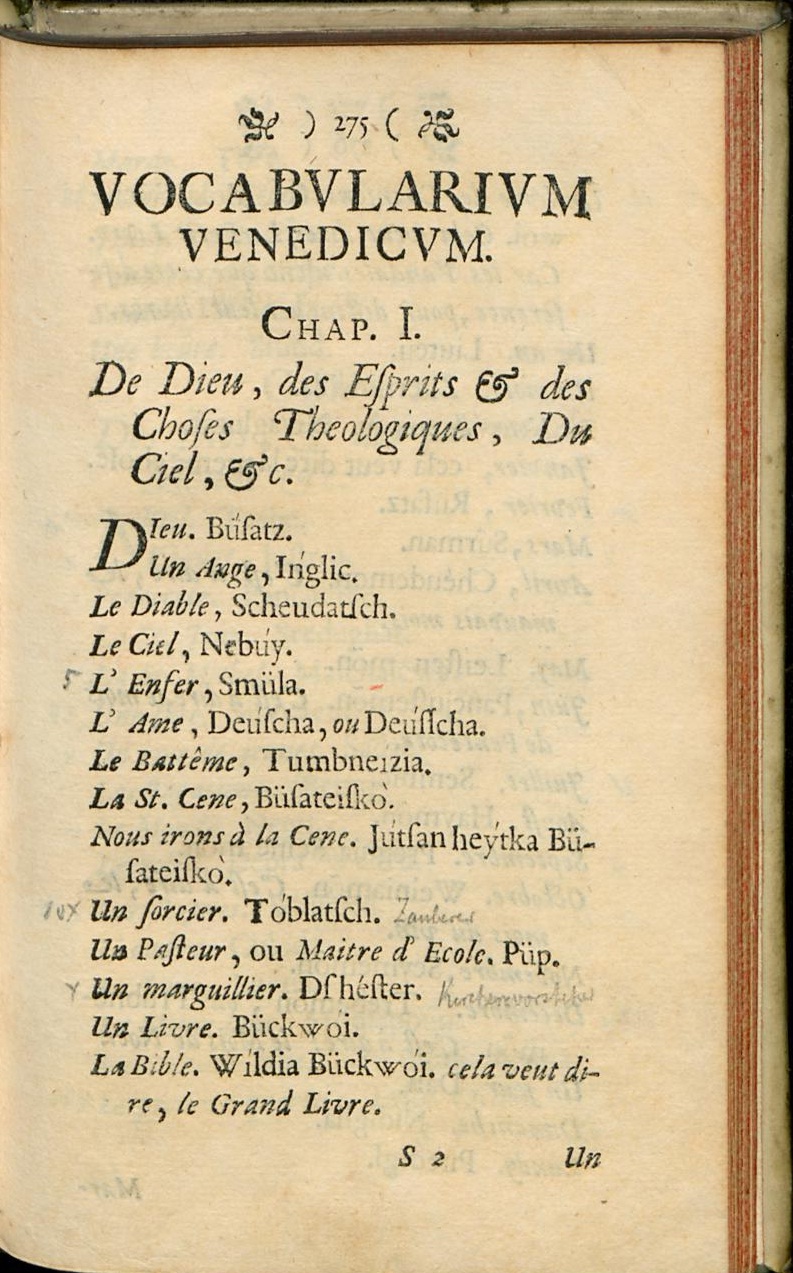 First page of the Vocabularium Venedicum by Christian Hennig, the primary surviving written record of the Polabian language, 18th century