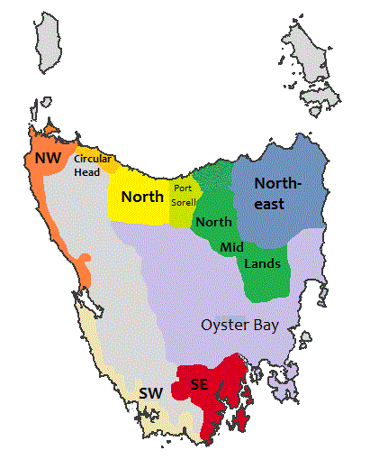 A linguistic map of Tasmania showing the Aboriginal language groups across the island at European contact.