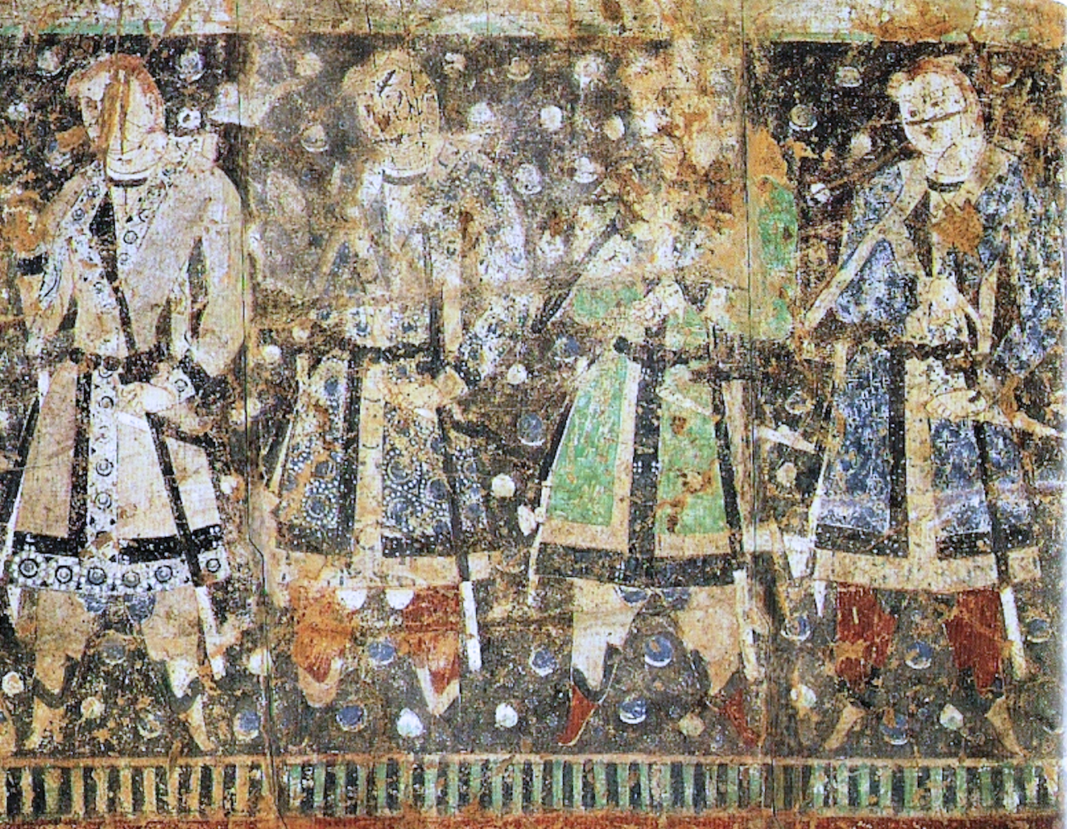 Wall painting of Tocharian princes as donors, Cave of the Sixteen Sword-Bearers, Kizil Caves, Tarim Basin, carbon-14 dated 432–538 CE