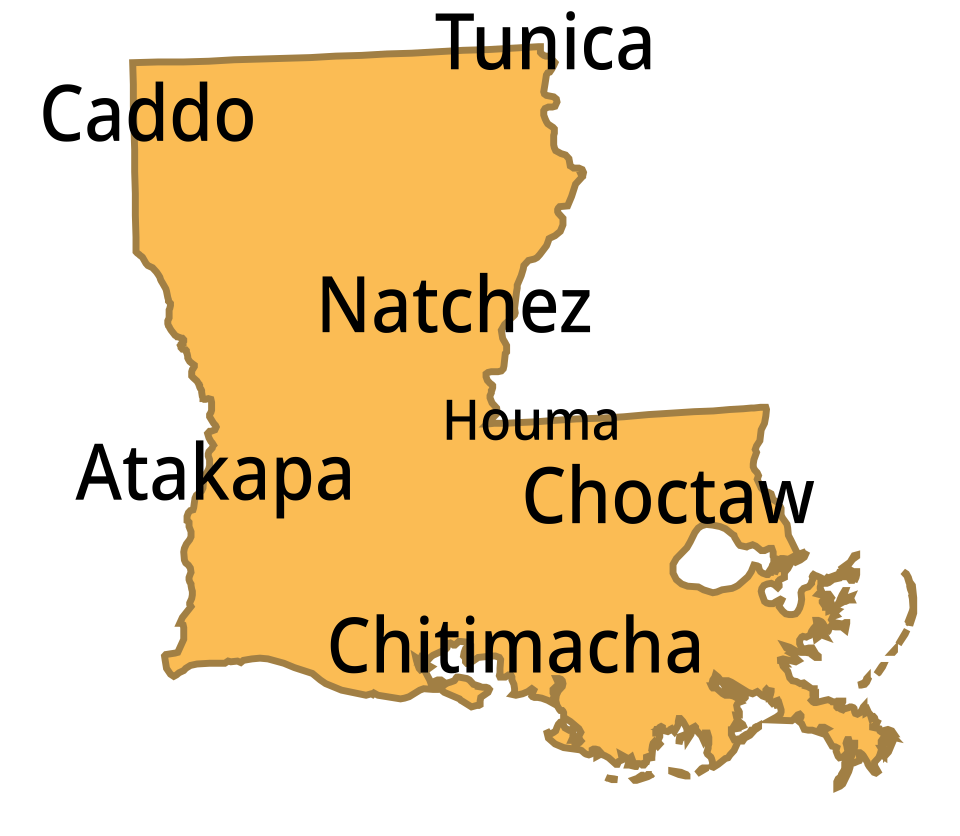 Map of native languages historically spoken in Louisiana, including Tunica on the lower Mississippi