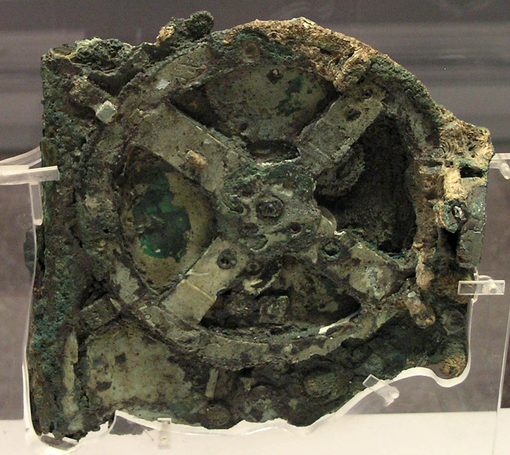 Main corroded fragment of the original Antikythera mechanism at the National Archaeological Museum, Athens