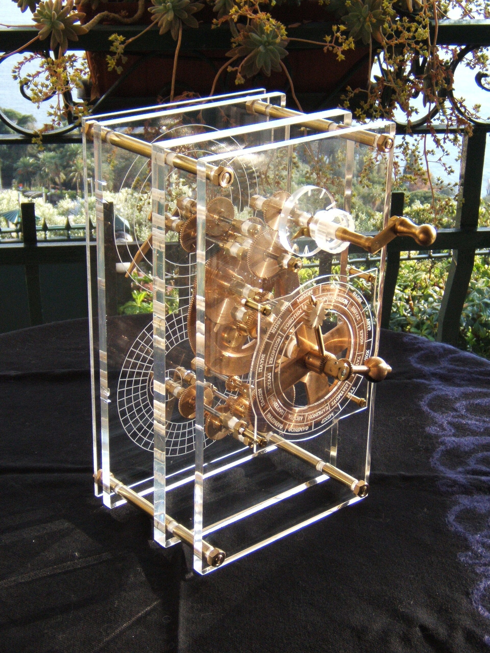 A modern reconstruction of the front panel of the Antikythera mechanism, showing the geared display dials