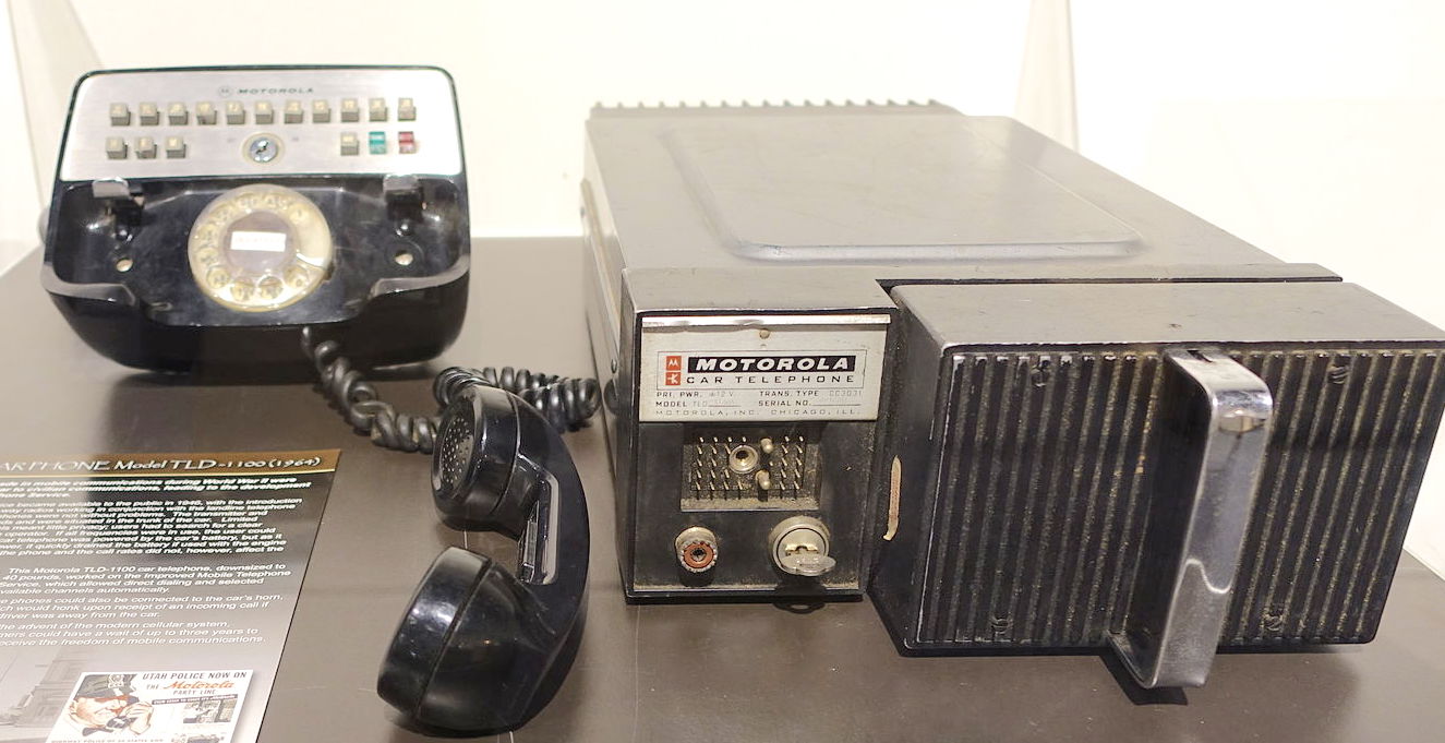 1964 Motorola TLD-1100 car telephone unit on museum display
