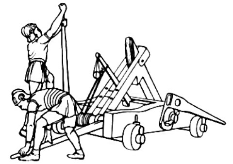 Sketch of a Roman onager, the single-armed torsion stone-thrower that succeeded the two-armed ballista in Roman military use