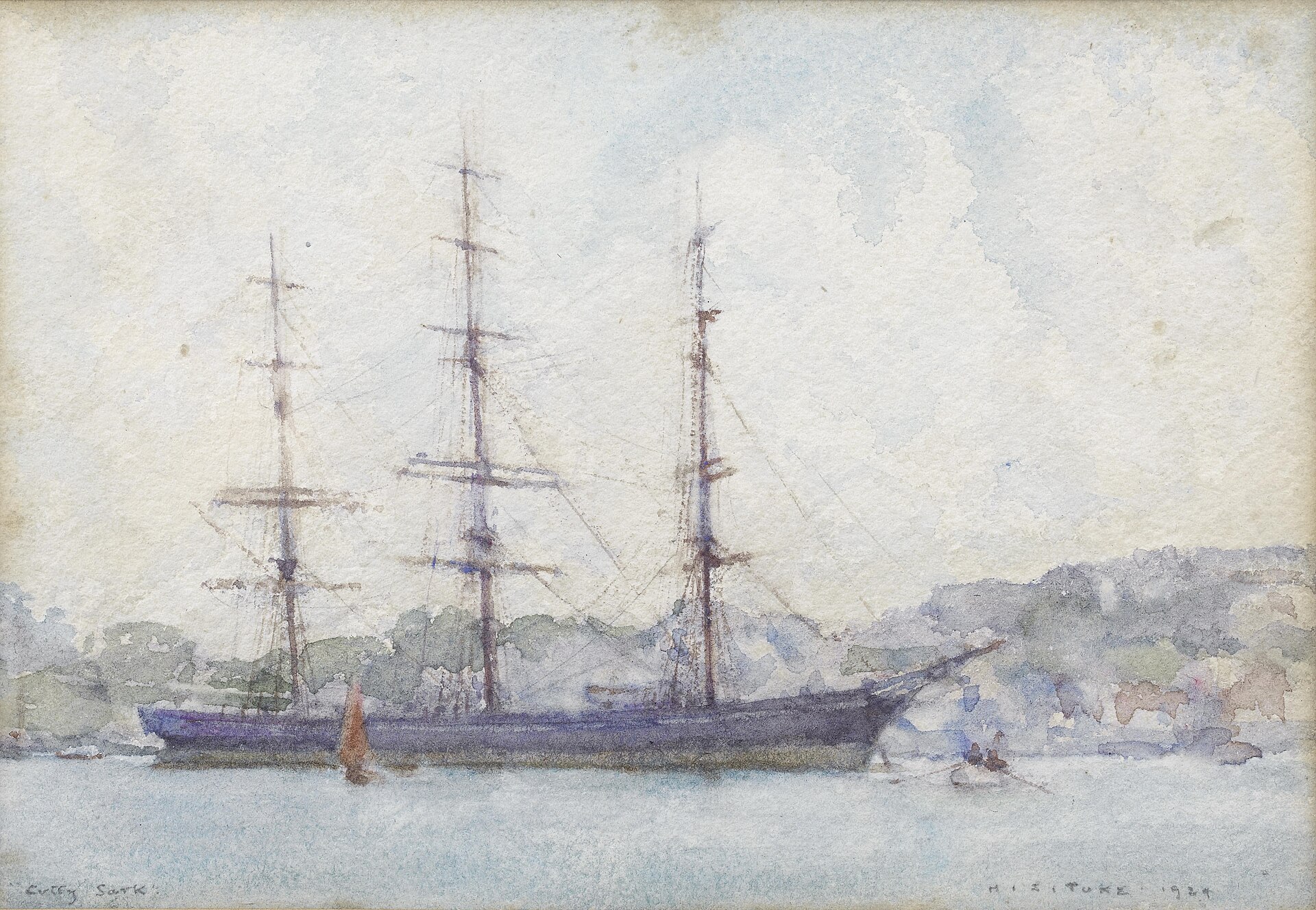 1924 painting of the clipper Cutty Sark moored in Falmouth harbour