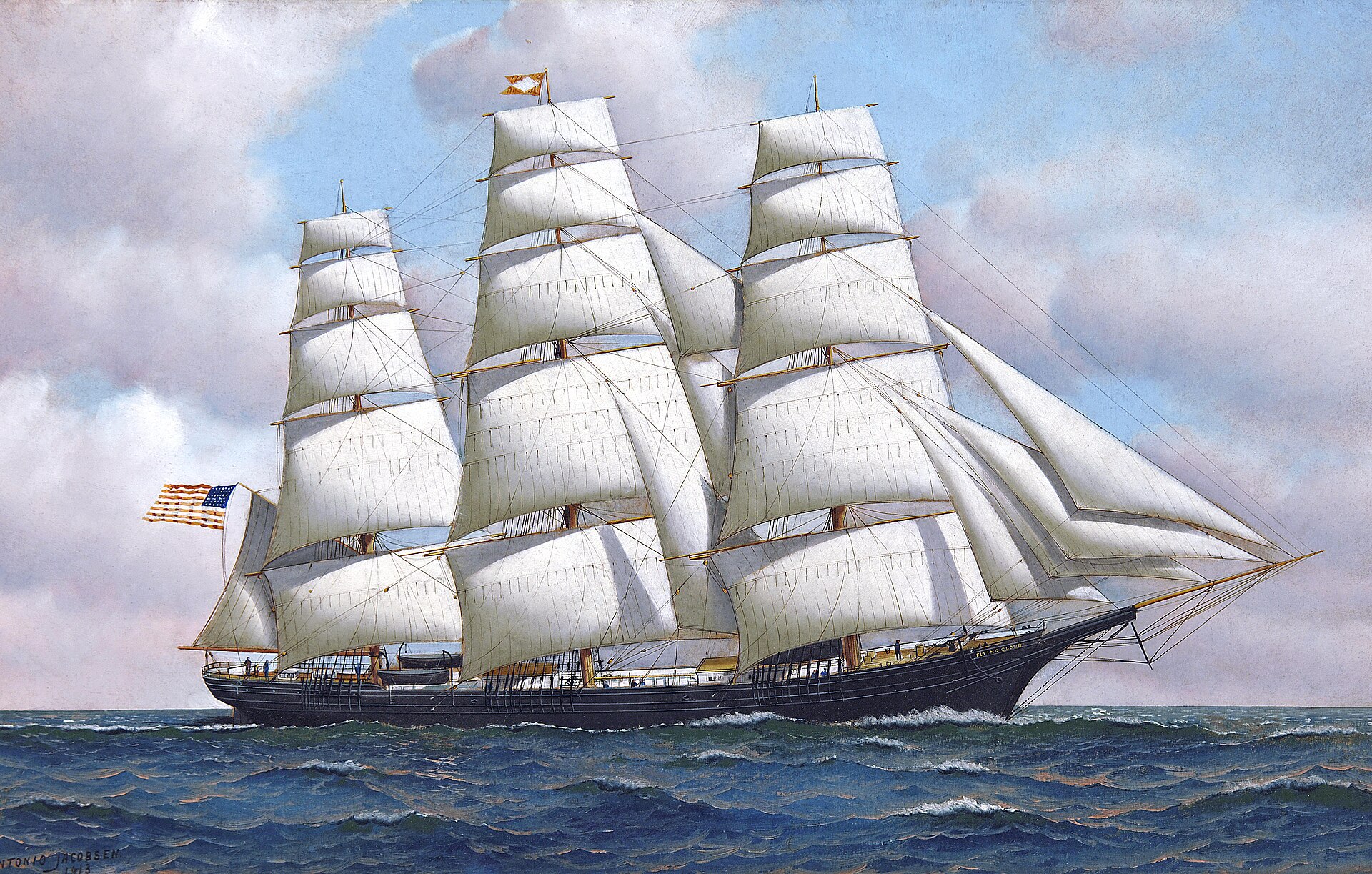 Painting of the American clipper ship Flying Cloud under full sail at sea, by Antonio Jacobsen, 1913