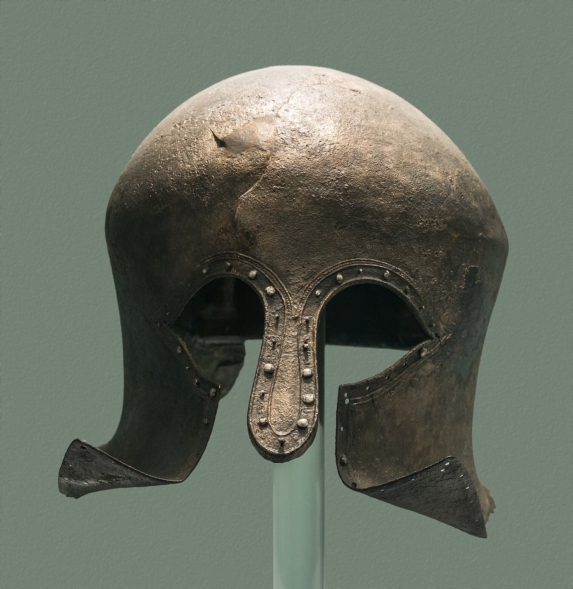 A Corinthian-type bronze helmet (National Archaeological Museum, Athens) — the finest surviving ancient Greek bronzework, though not the lost Corinthian alloy itself