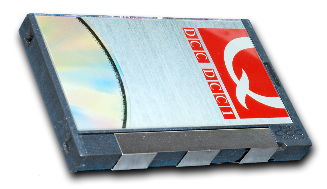The front face of a Digital Compact Cassette (DCC) tape.