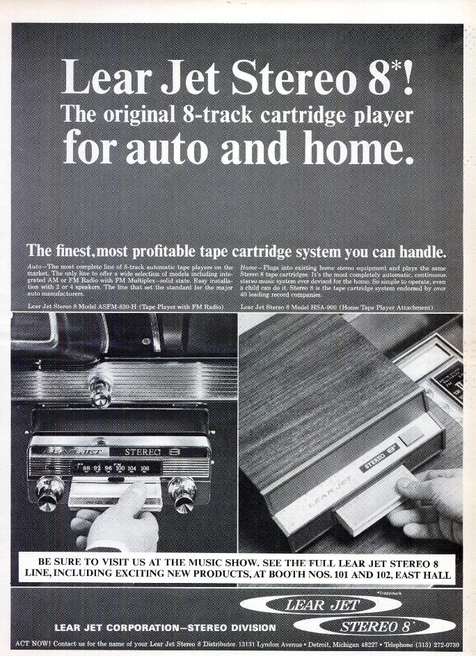 1966 Billboard advertisement for the Lear Jet Stereo 8 cartridge player for car and home