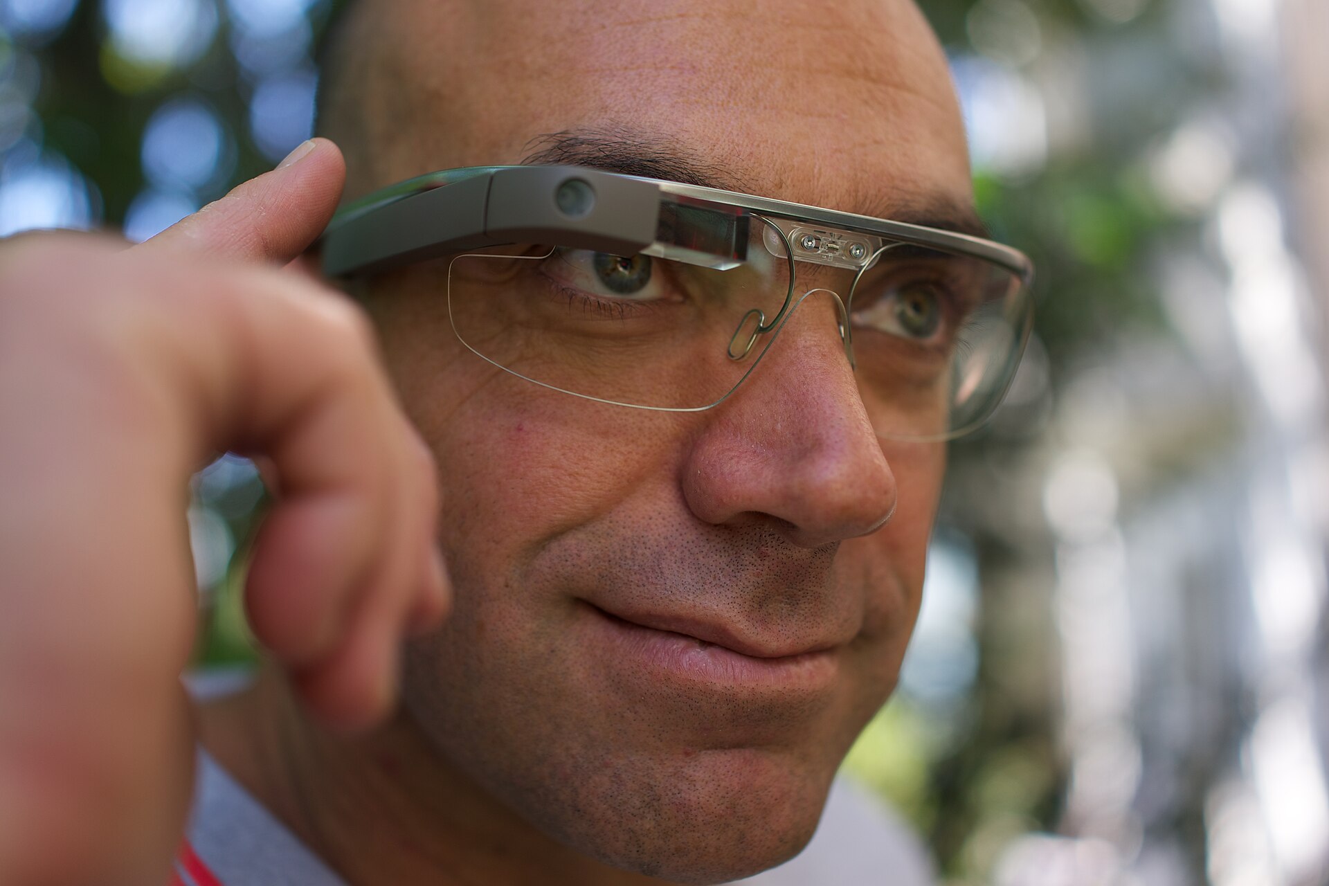 A person wearing Google Glass Explorer Edition