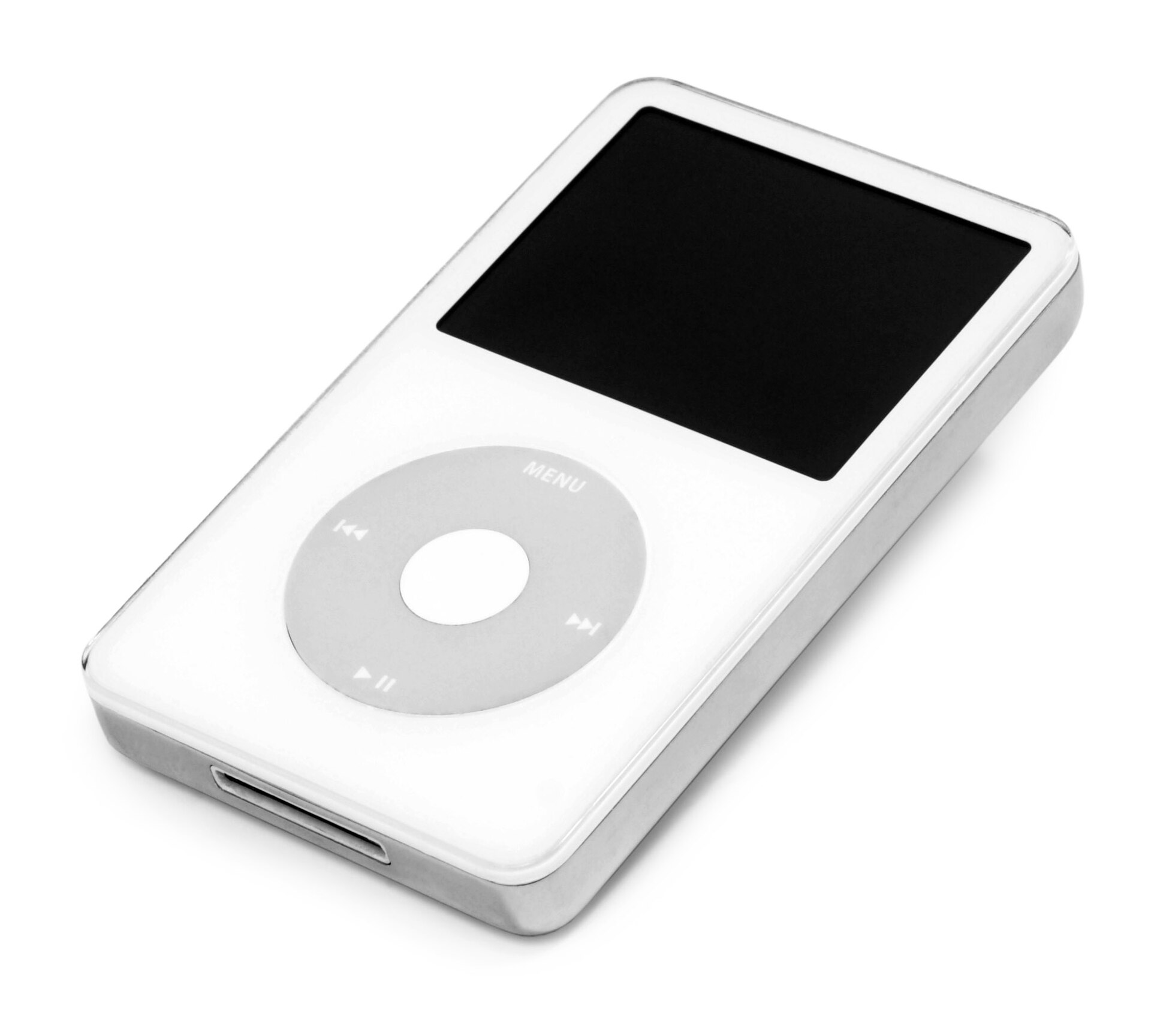 A white Apple iPod classic (5th generation) with the circular click wheel and colour LCD screen.