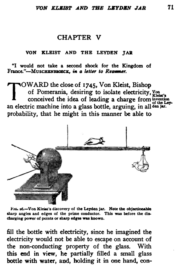 Historical illustration of von Kleist's original bottle-and-nail arrangement, the accidental first form of the device
