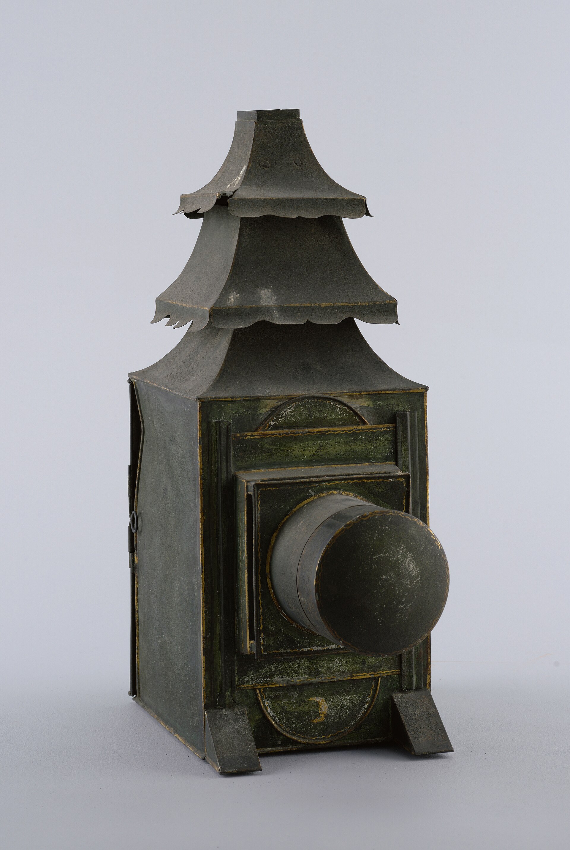 An antique magic lantern projector, circa 1800, with cylindrical lens-chamber and Argand-type lamp