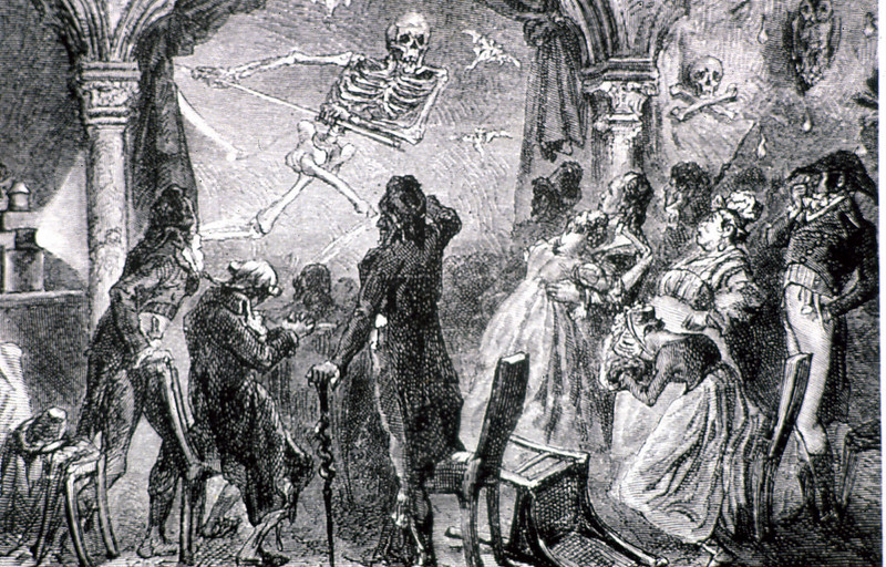 A 19th-century illustration of a phantasmagoria magic-lantern show, with an audience watching projected spectral figures