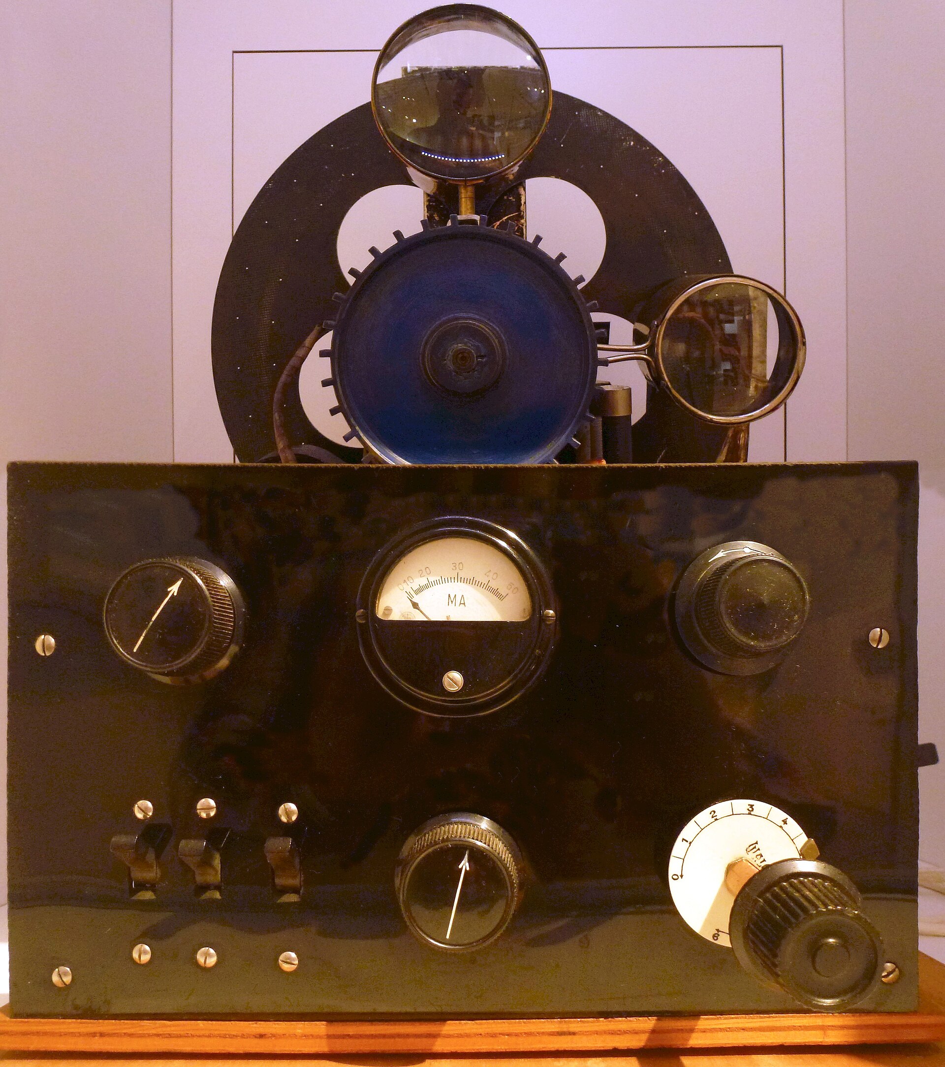 A 1930s mechanical-scan television receiver using a Nipkow disc, at the Tekniska museet
