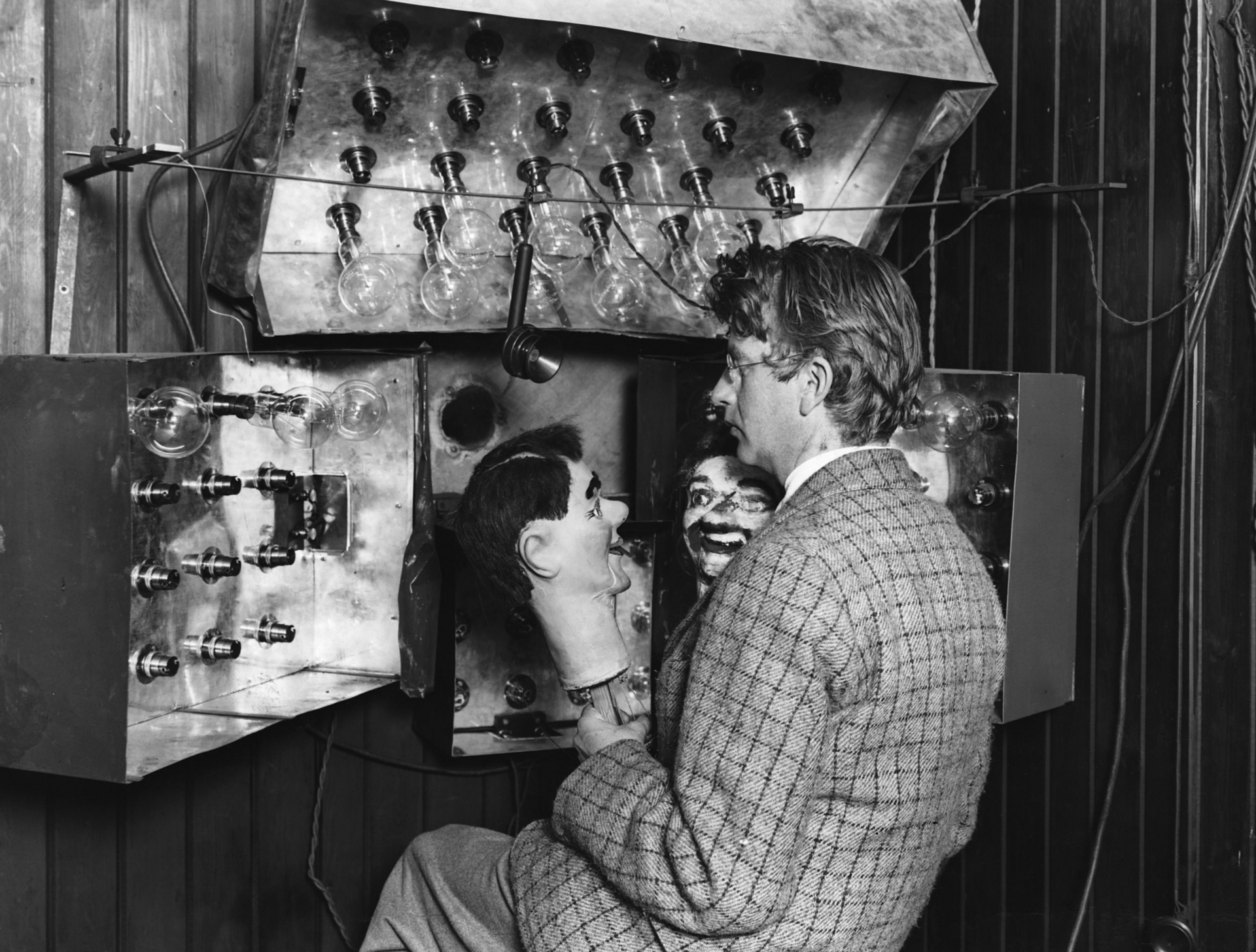 John Logie Baird with 'Stooky Bill', the ventriloquist's dummy used in the first television demonstration, 1926