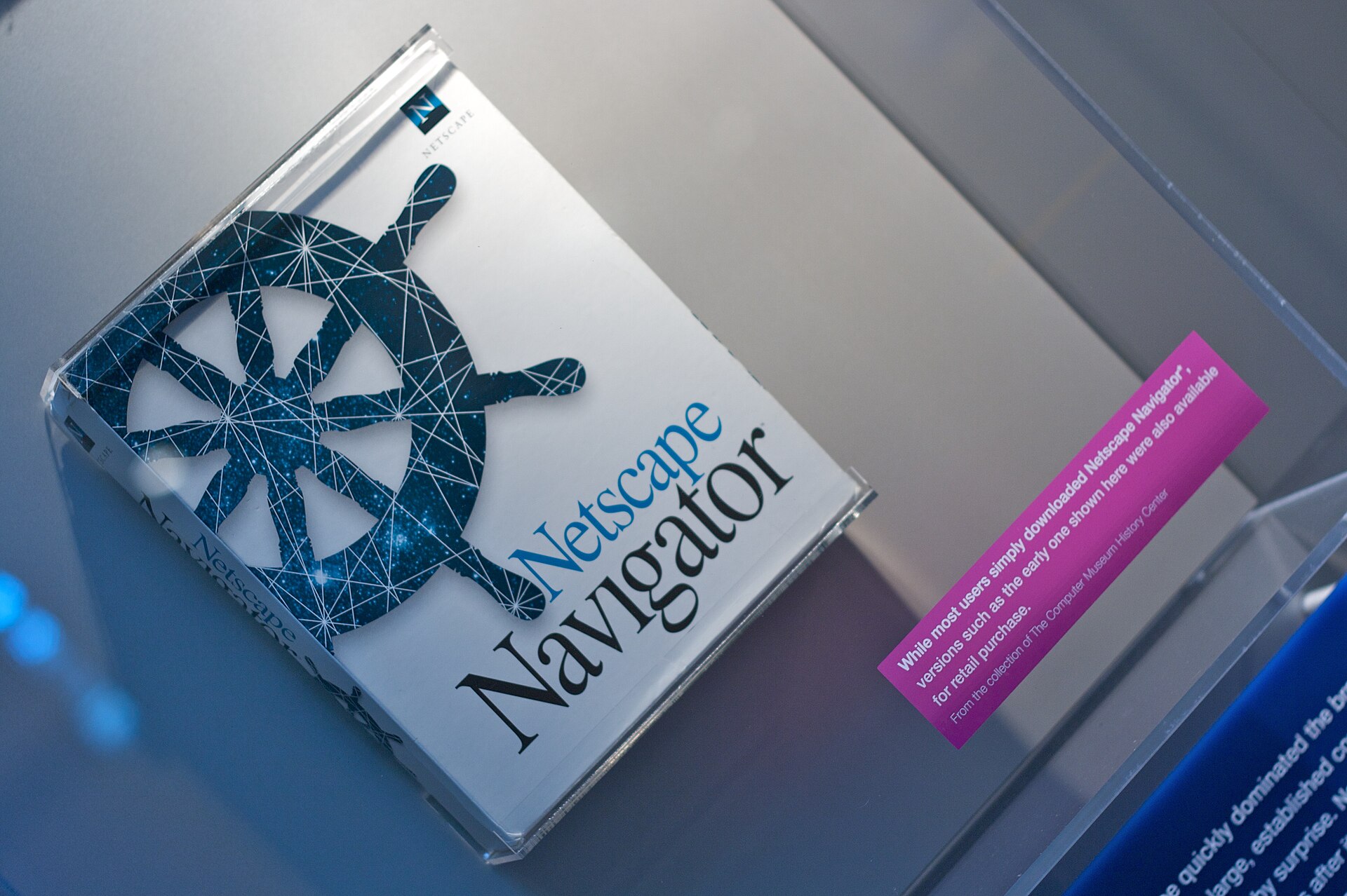 A boxed retail copy of Netscape Navigator on display at the Computer History Museum