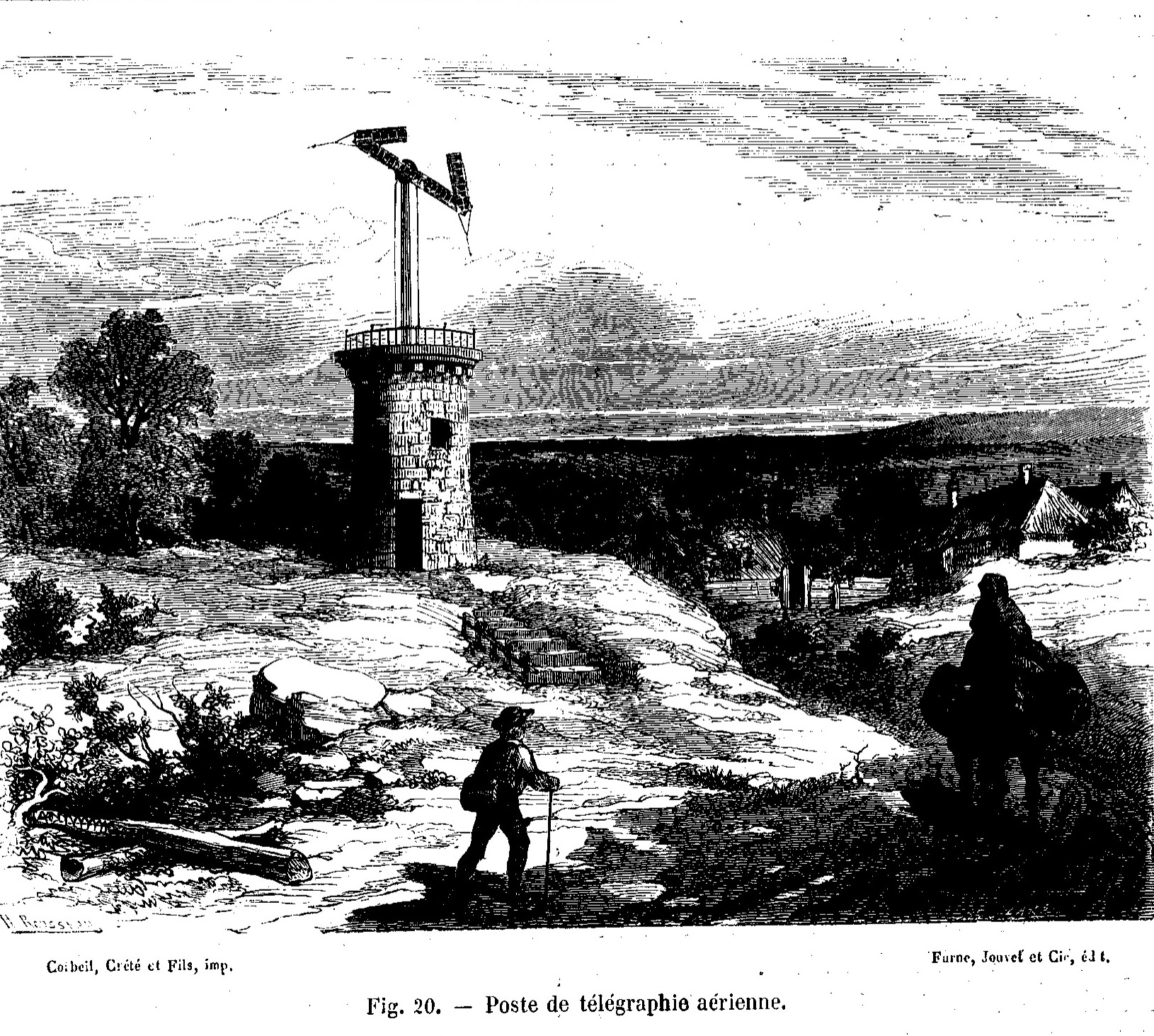 A 19th-century engraving of a Chappe semaphore telegraph tower, showing the cross-bar regulator and two jointed indicator arms set in a signalling position
