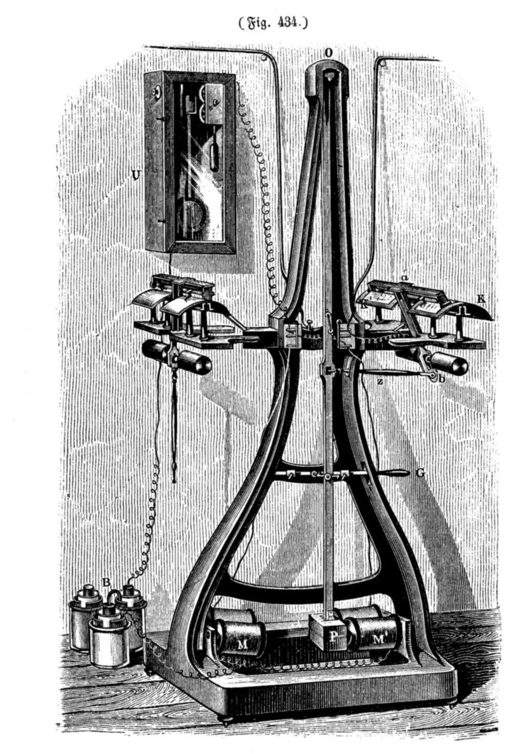 An 1873 engraving of Caselli's pantelegraph, showing the tall pendulum frame and scanning mechanism