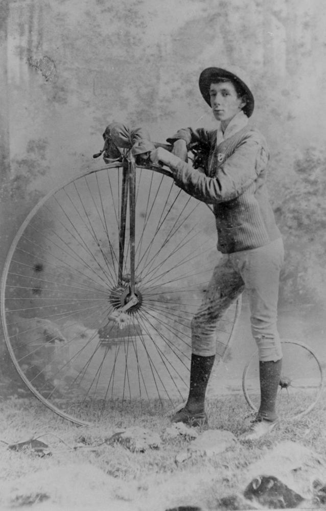 G. E. B. Timewell with a penny-farthing high-wheel bicycle, 1885 period photograph