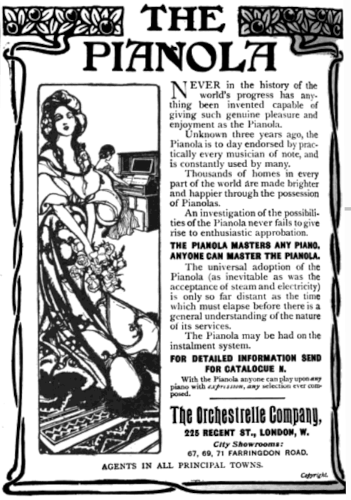 A 1902 magazine advertisement for the Pianola self-playing piano