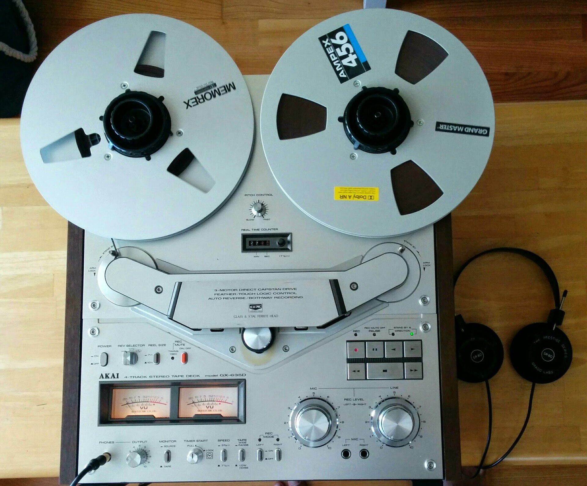 Akai GX-635D open-reel tape recorder with magnetic tape reels mounted