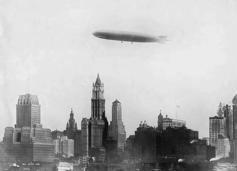The Graf Zeppelin airship flying over New York City on its first transatlantic voyage in 1928