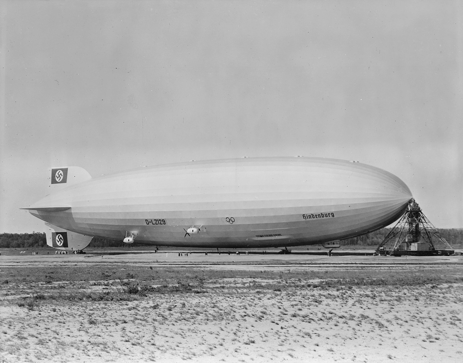 The LZ-129 Hindenburg rigid airship moored at Lakehurst Naval Air Station, New Jersey, January 1937.