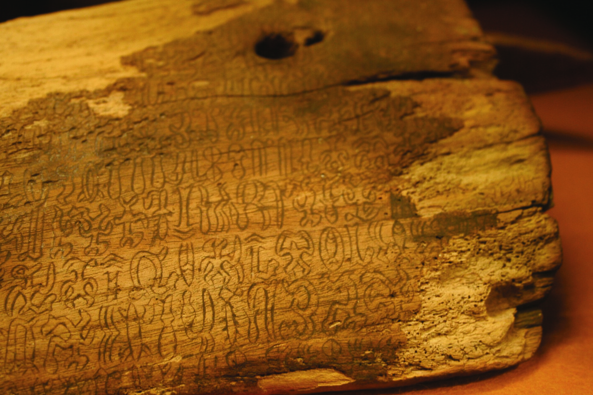 Rongorongo tablet T (Honolulu tablet) on display at the Bishop Museum, Hawaii