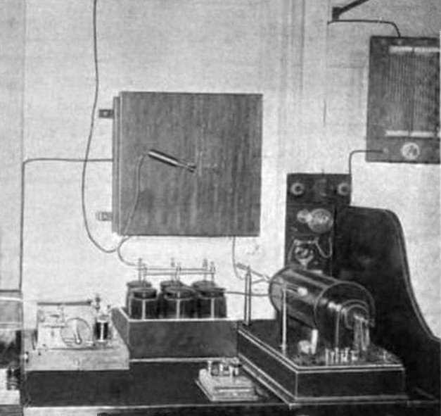 Marconi spark transmitter in the wireless room of the SS Minnetonka, 1902