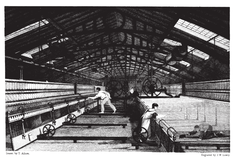 An 1835 engraving of mule spinning in a Lancashire cotton mill, with the spindle carriage and operatives