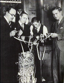 A mechanical stock ticker that printed price quotations onto a narrow paper tape.