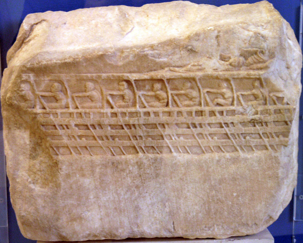 The Lenormant Relief, a 4th-century BCE votive relief from the Athenian Acropolis showing the mid-section of a trireme's three tiers of oarsmen, now in the Acropolis Museum