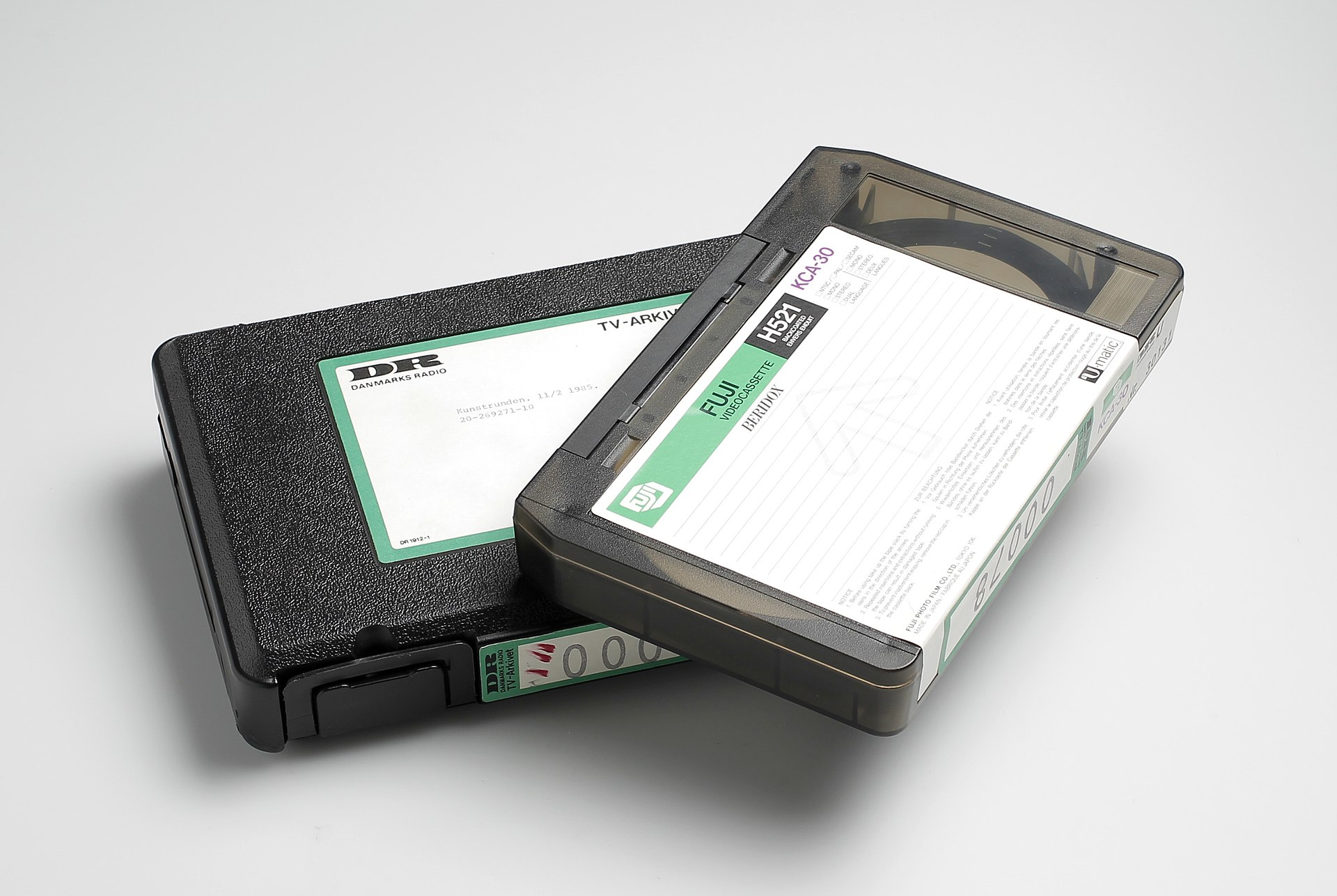 A Sony U-matic videocassette, the first commercially successful videocassette format