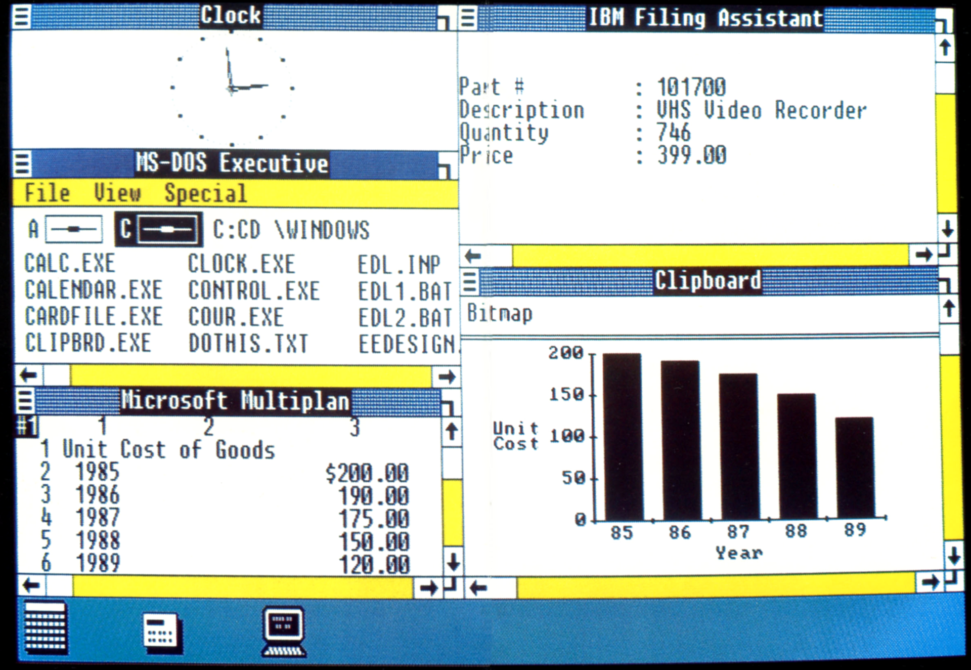 Screenshot of the Windows 1.0 desktop showing tiled, non-overlapping application windows.